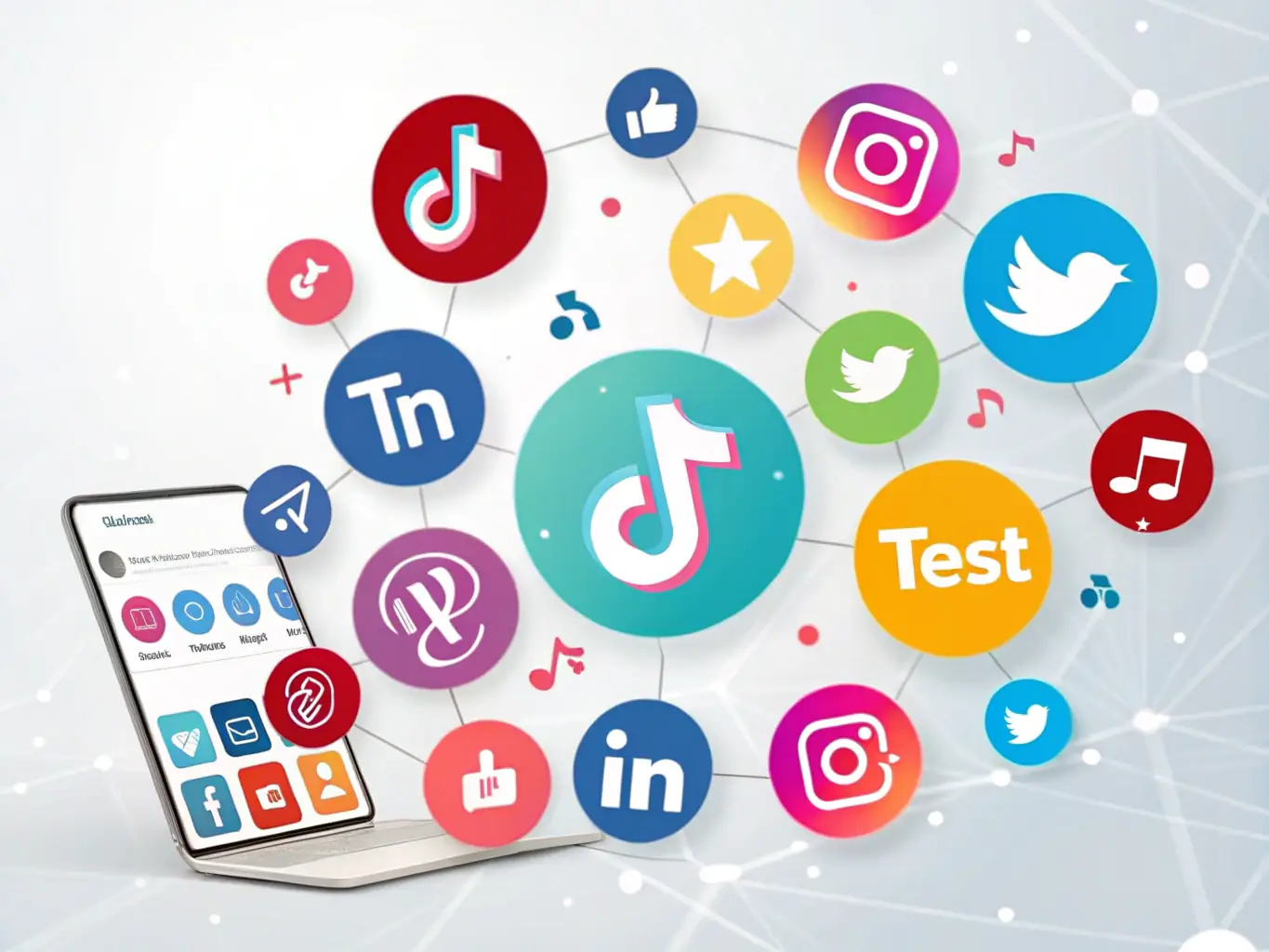 A vibrant graphic showcasing various social media platforms with AI icons generating content, representing the 'AI Social Media Content Assistant' SaaS application.