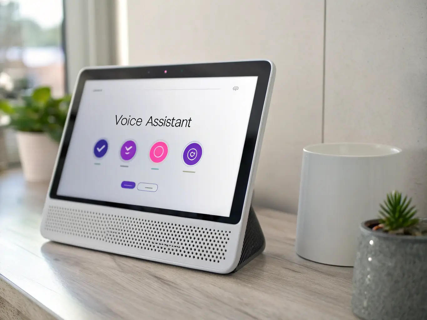 A high-quality image depicting a friendly AI voice assistant interface, showcasing natural language processing capabilities with a user-friendly chat window.